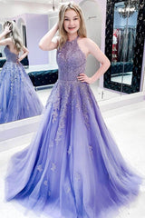 Purple Prom Dress Tulle Lace Long Formal Gown Evening Dress