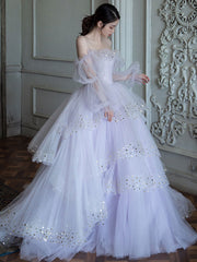 Purple Prom Dress Tulle Sequin Long Evening Dress
