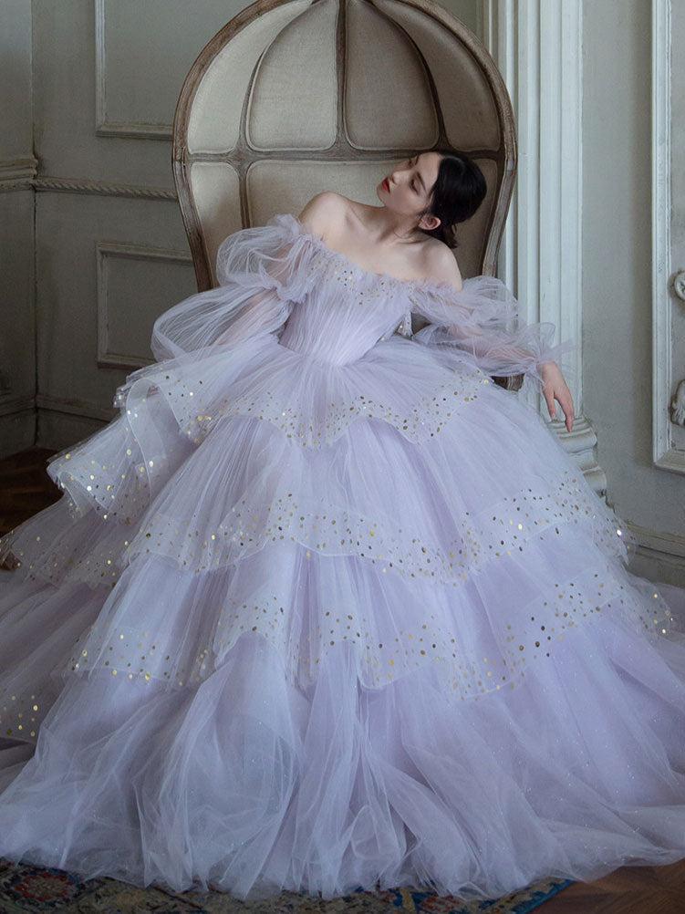 Purple Prom Dress Tulle Sequin Long Evening Dress