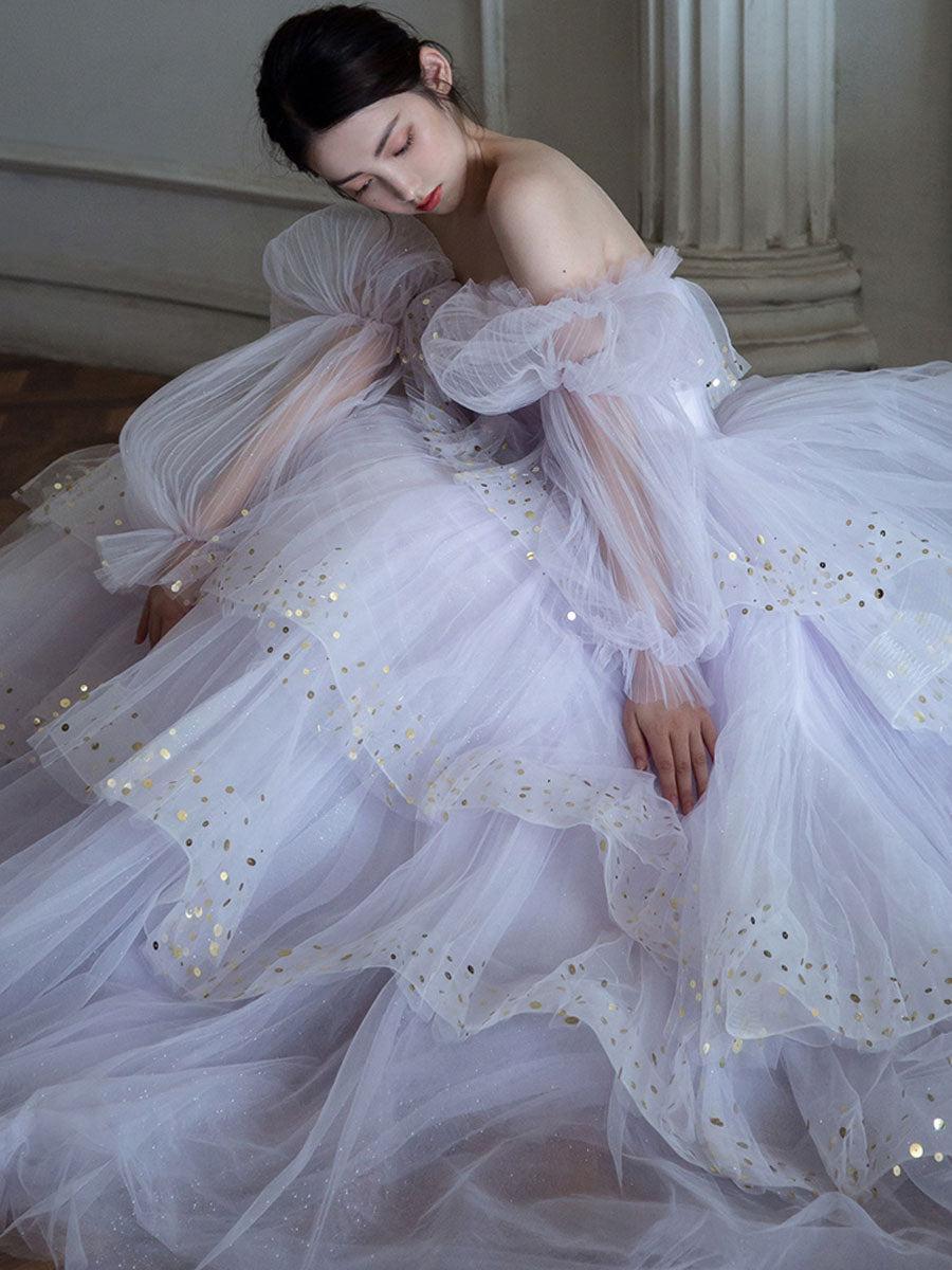 Purple Prom Dress Tulle Sequin Long Evening Dress