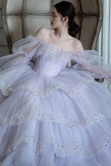 Purple Prom Dress Tulle Sequin Long Evening Dress
