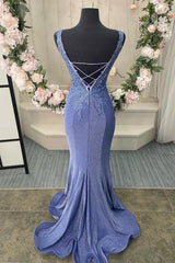 Purple Prom Dress V Neck Corset Back Long Elegant With Appliques Evening Dress