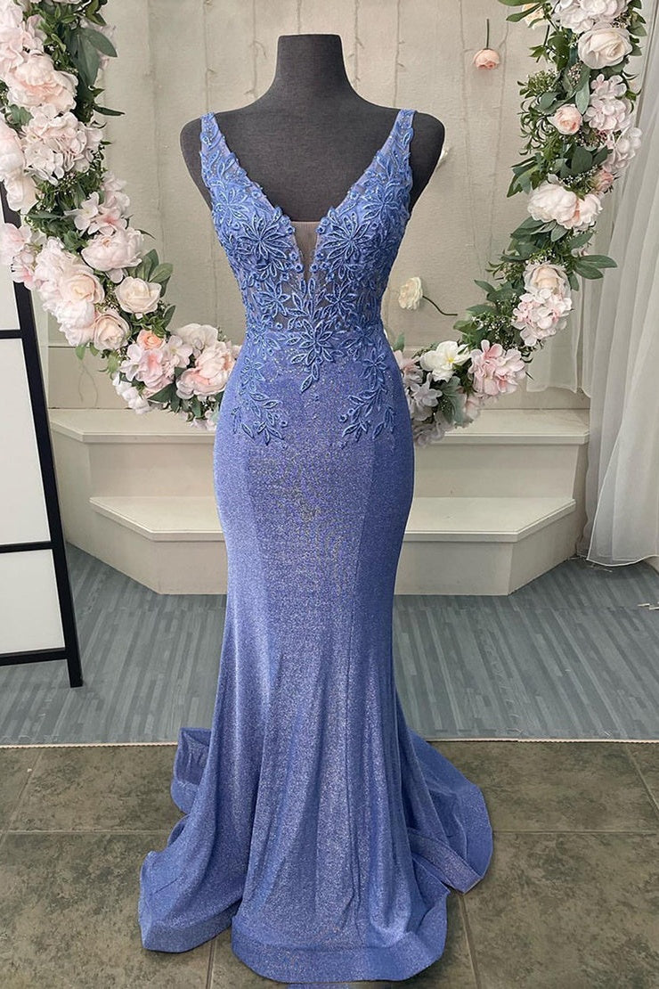Purple Prom Dress V Neck Corset Back Long Elegant With Appliques Evening Dress