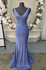 Purple Prom Dress V Neck Corset Back Long Elegant With Appliques Evening Dress