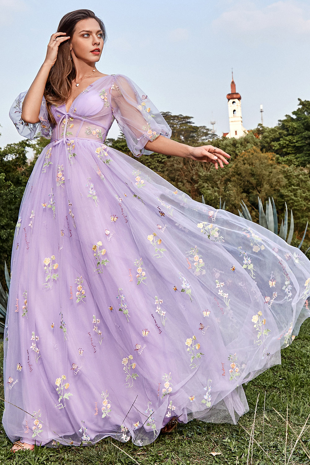 Purple Prom Dress V Neck Embroidery Long Evening Dress with Sleeves