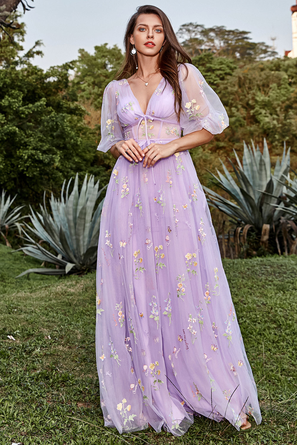 Purple Prom Dress V Neck Embroidery Long Evening Dress with Sleeves