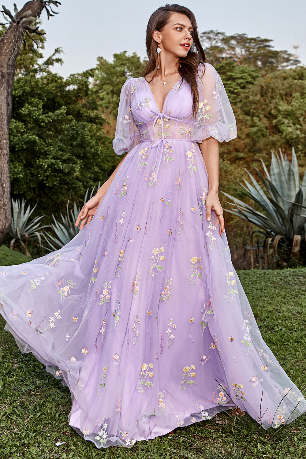 Purple Prom Dress V Neck Embroidery Long Evening Dress with Sleeves
