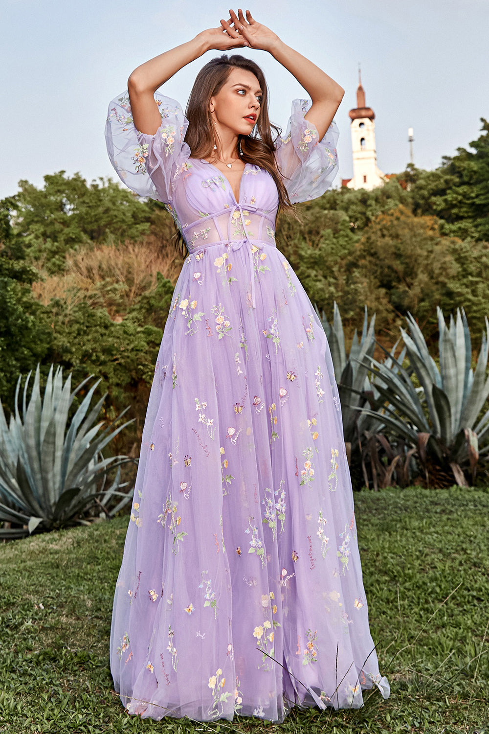 Purple Prom Dress V Neck Embroidery Long Evening Dress with Sleeves