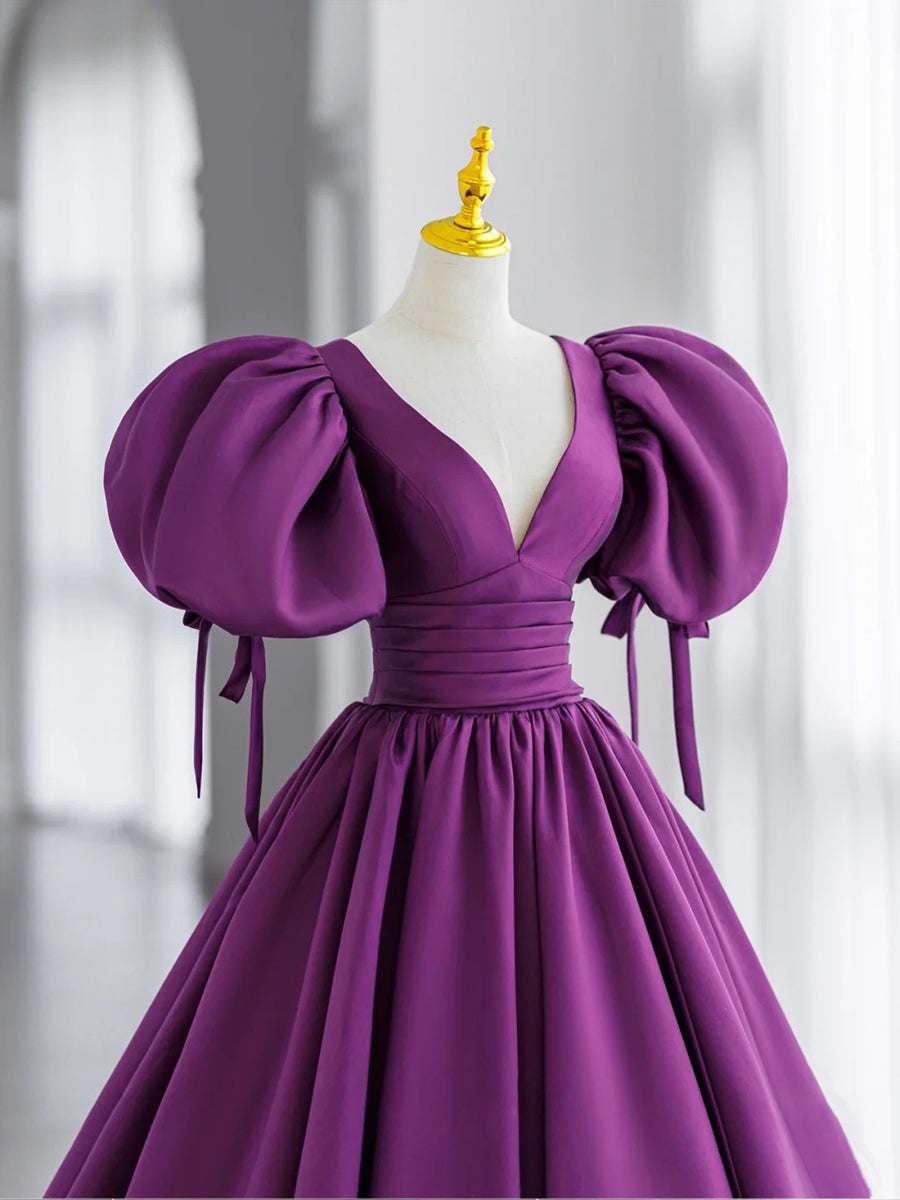 Purple Prom Dress V Neck Satin Long Formal Gown Evening Dress