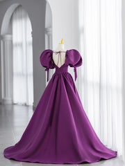 Purple Prom Dress V Neck Satin Long Formal Gown Evening Dress