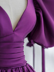 Purple Prom Dress V Neck Satin Long Formal Gown Evening Dress