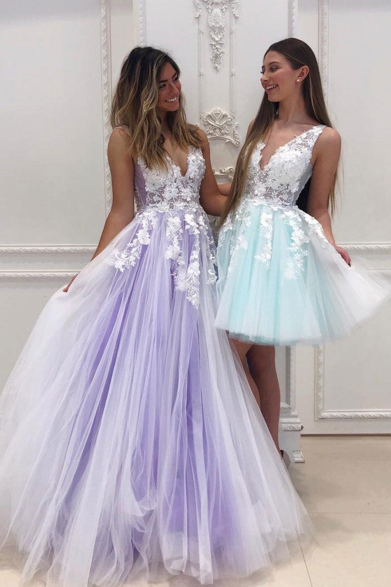 Purple Prom Dress V Neck Tulle Lace Long Formal Dress Evening Dress