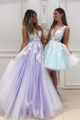 Purple Prom Dress V Neck Tulle Lace Long Formal Dress Evening Dress