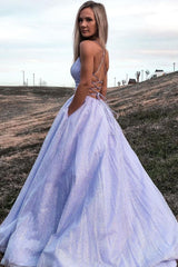 Purple Prom Dress V Neck Tulle Sequin Long Formal Gown Evening Dress
