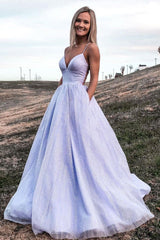 Purple Prom Dress V Neck Tulle Sequin Long Formal Gown Evening Dress