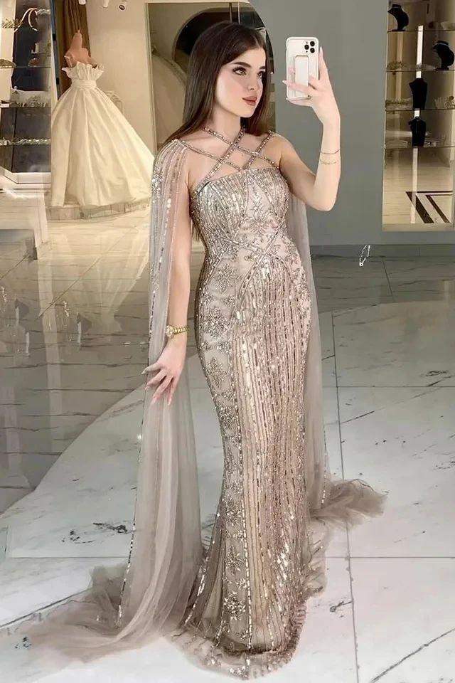 Purple Sheath/Column Prom Dress Cap Sleeve Halter Neck Formal Dress With Beadings and Rhinestones