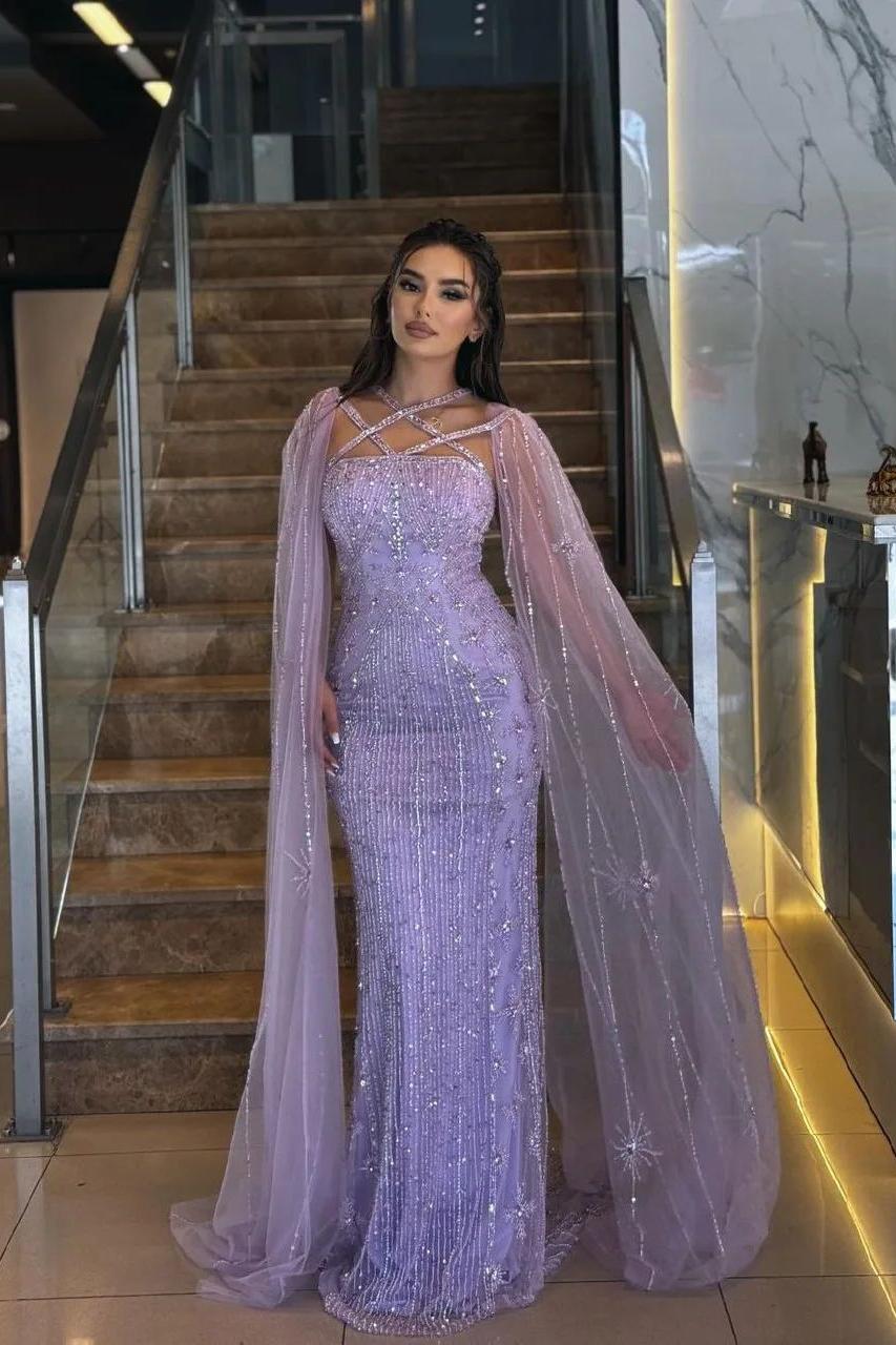 Purple Sheath/Column Prom Dress Cap Sleeve Halter Neck Formal Dress With Beadings and Rhinestones