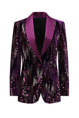 Purple Sparkle Shawl Collar Blazer With Sequins For Women