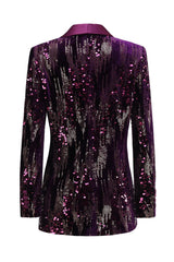 Purple Sparkle Shawl Collar Blazer With Sequins For Women