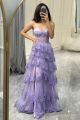 Purple Sweetheart Long Corset Tiered Prom Dress With Slit