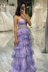 Purple Sweetheart Long Corset Tiered Prom Dress With Slit
