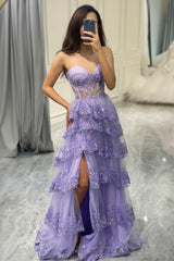 Purple Sweetheart Long Corset Tiered Prom Dress With Slit