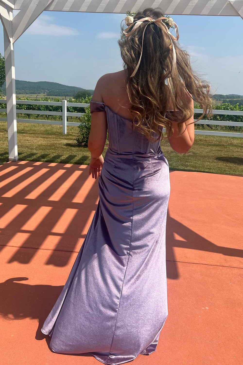 Purple Velvet Formal Dress Mermaid Off the Shoulder Corset Evening Dress with Slit