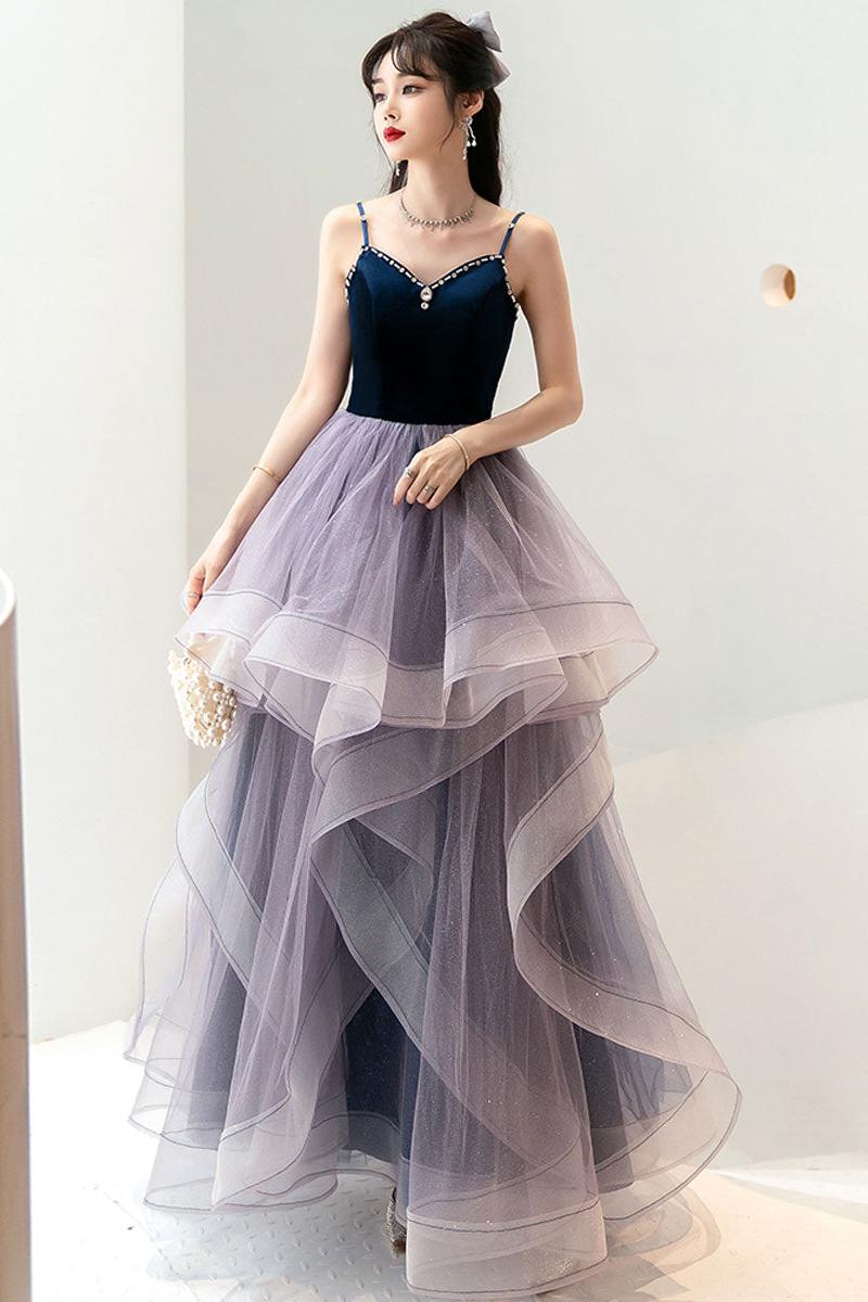 Purple Velvet Formal Dress Sweetheart Neck Tulle Long Evening Dress