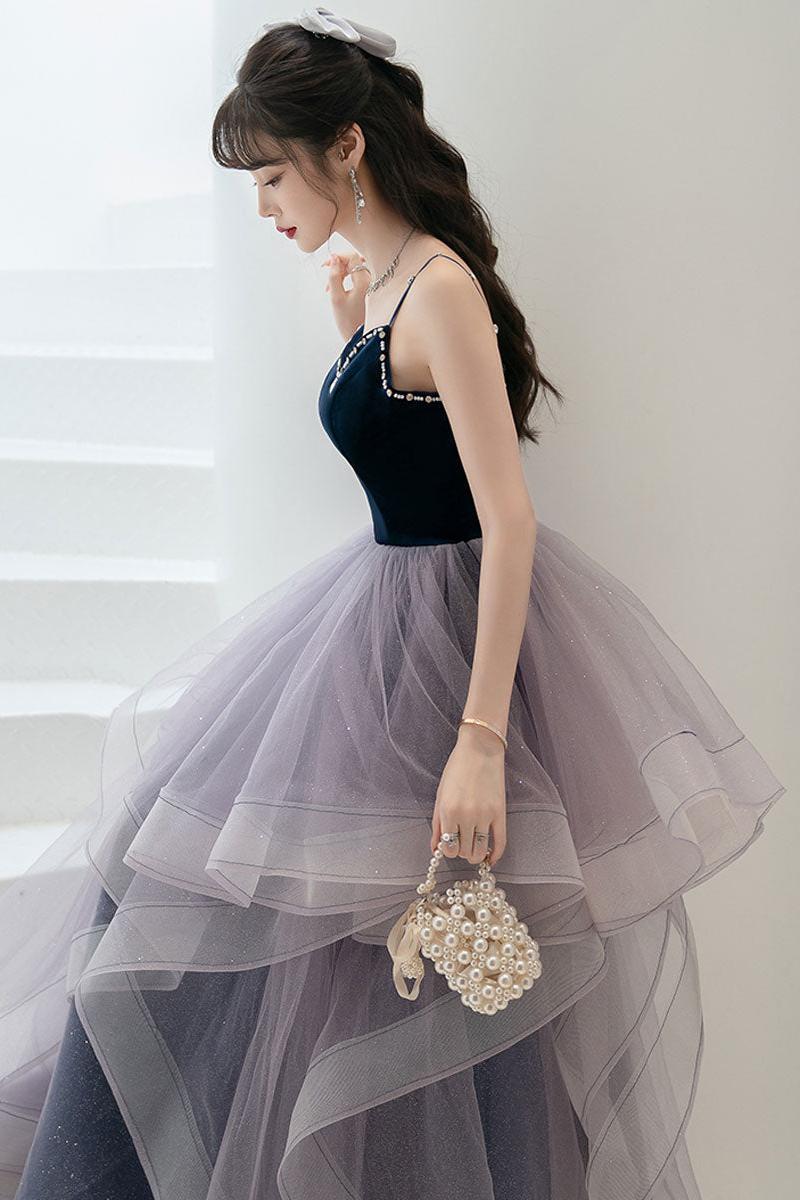 Purple Velvet Formal Dress Sweetheart Neck Tulle Long Evening Dress