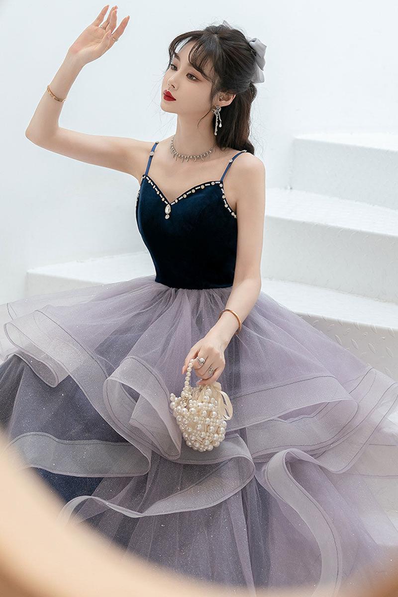 Purple Velvet Formal Dress Sweetheart Neck Tulle Long Evening Dress