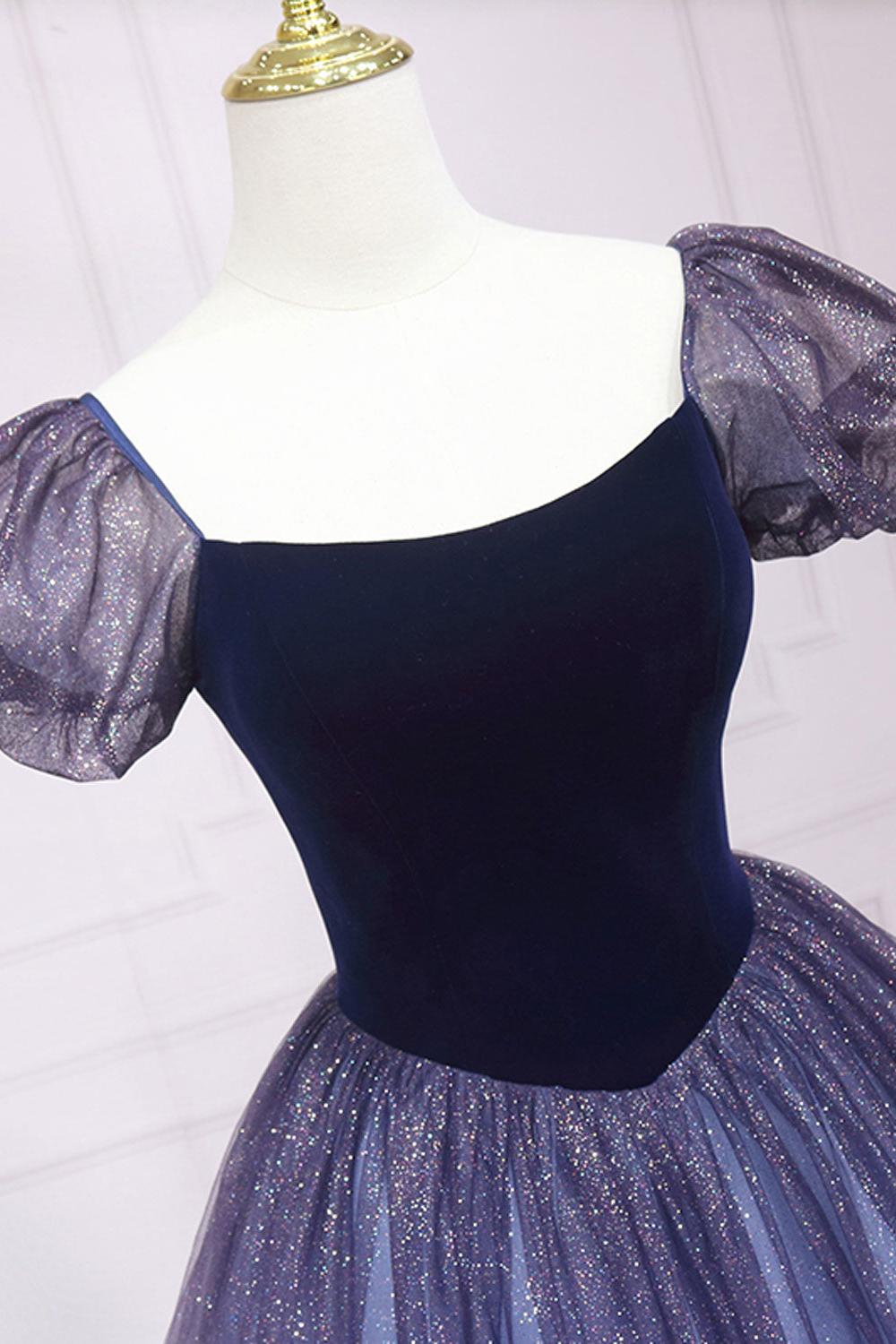 Purple Velvet Formal Dress Tulle A Line Long Evening Dress