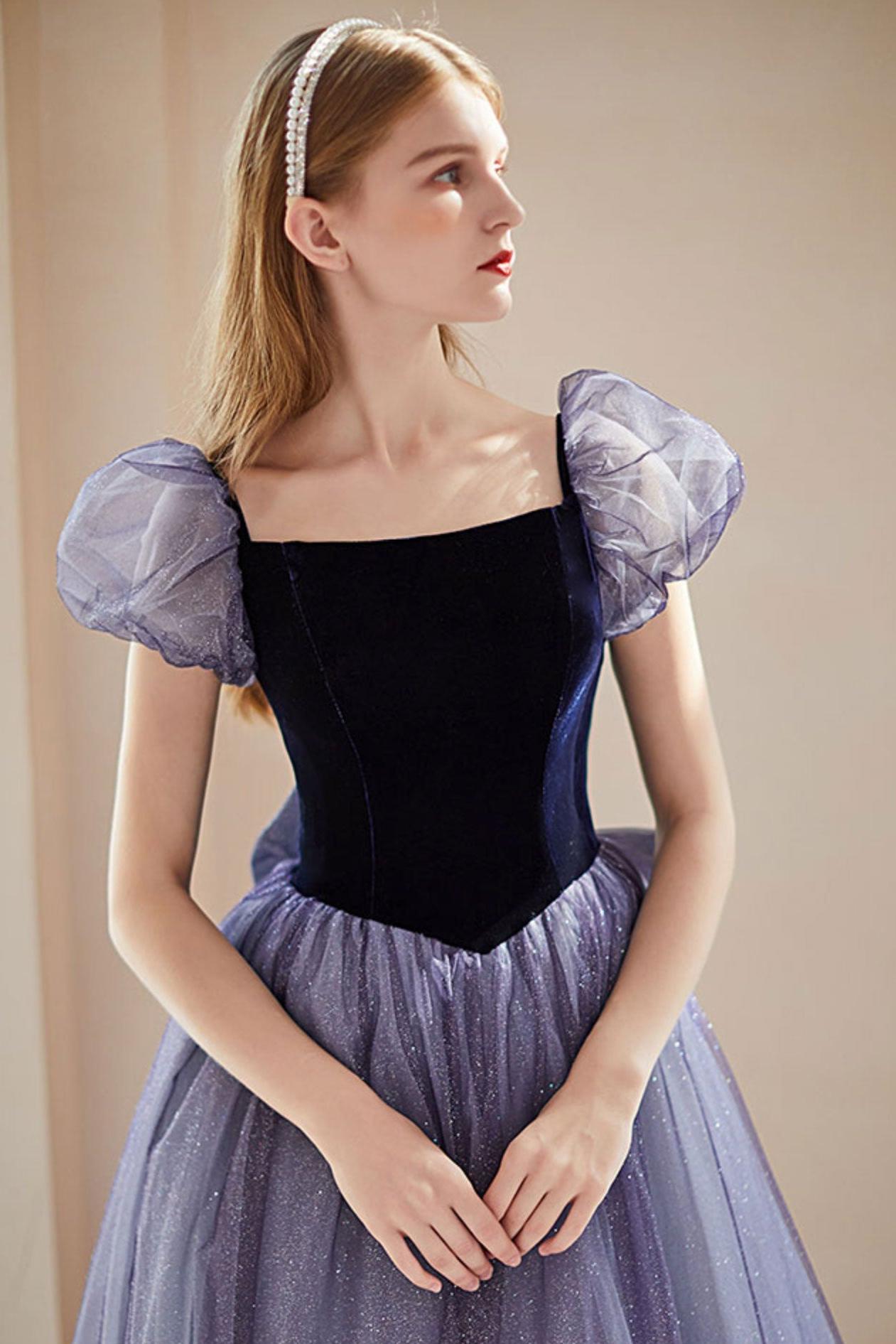 Purple Velvet Formal Dress Tulle Long Evening Dress