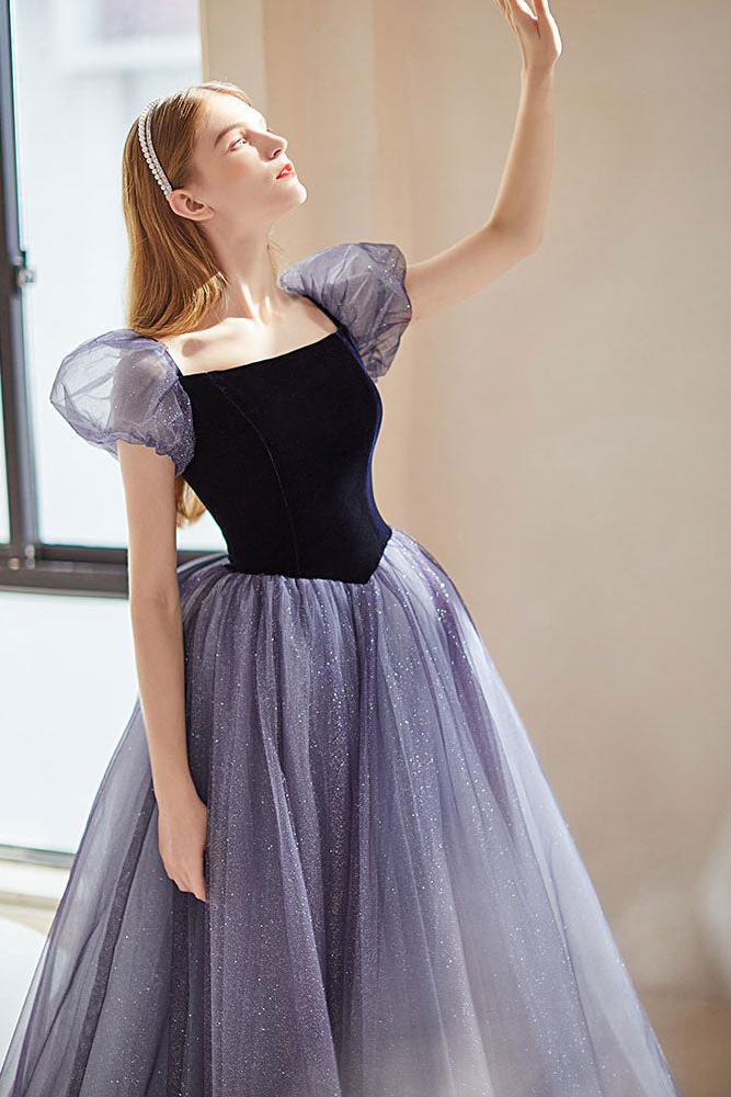 Purple Velvet Formal Dress Tulle Long Evening Dress