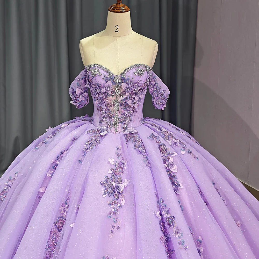 Quinceanera Dress Party Gown Purple Lace Appliques Beaded Off The Shoulder For 16 Year Ball Gown Dress