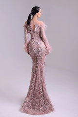 Dressystars Pink Long Sleeve Formal Dress Mermaid 3D Flower Prom Evening Dress with Feathers