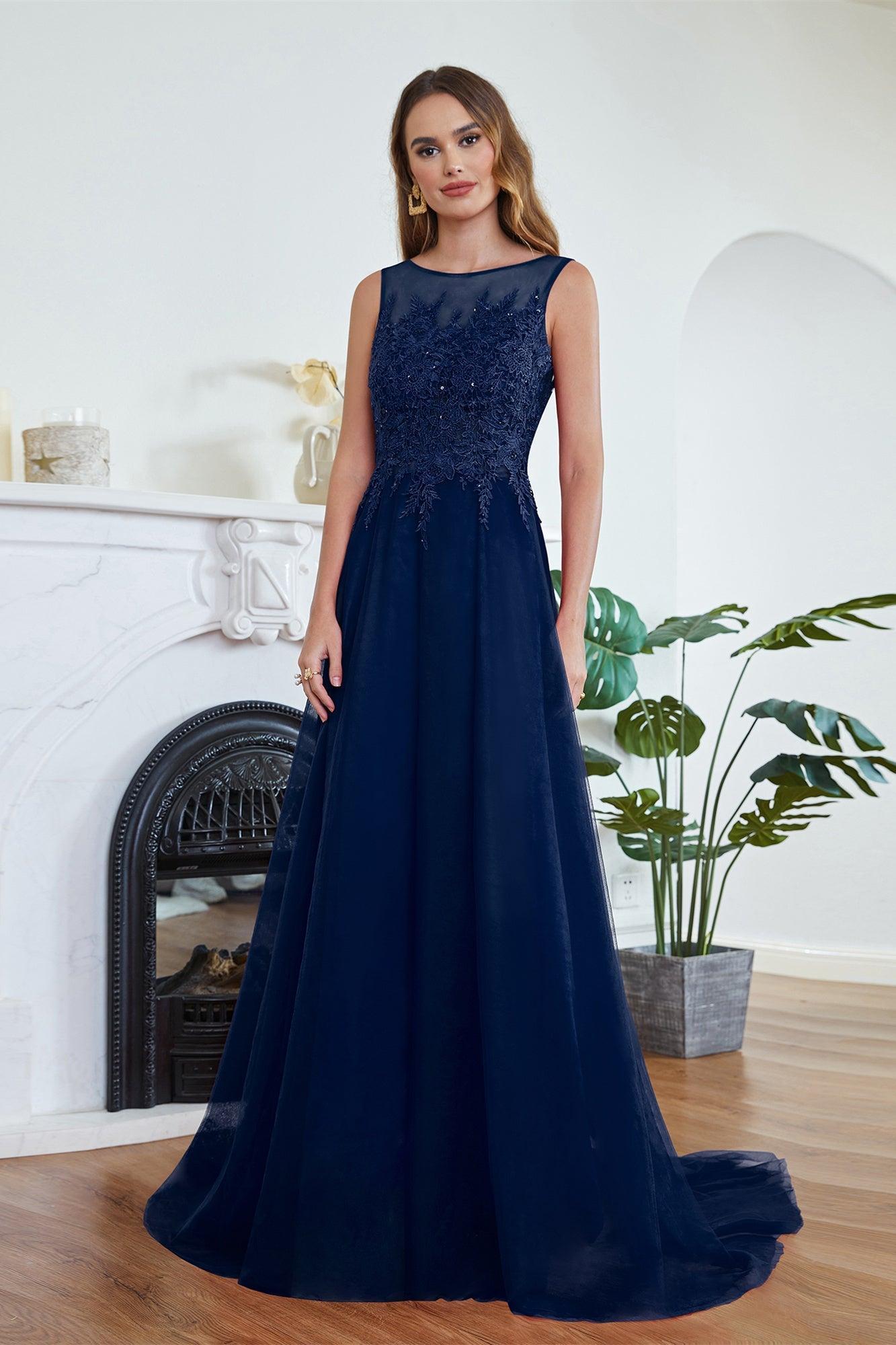 Red Formal Dress Crew Neck Lace Appliques Tulle Evening Dress