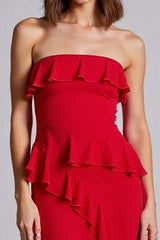 Red Formal Dress Ruffled Strapless A Line Chiffon Long Wedding Guest Dress