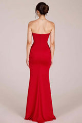 Red Formal Dress Strapless Ruched Sheath Long Wedding Guest Dress With Slit