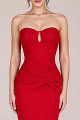 Red Formal Dress Strapless Ruched Sheath Long Wedding Guest Dress With Slit