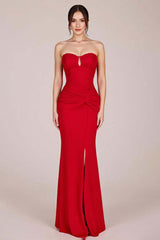 Red Formal Dress Strapless Ruched Sheath Long Wedding Guest Dress With Slit