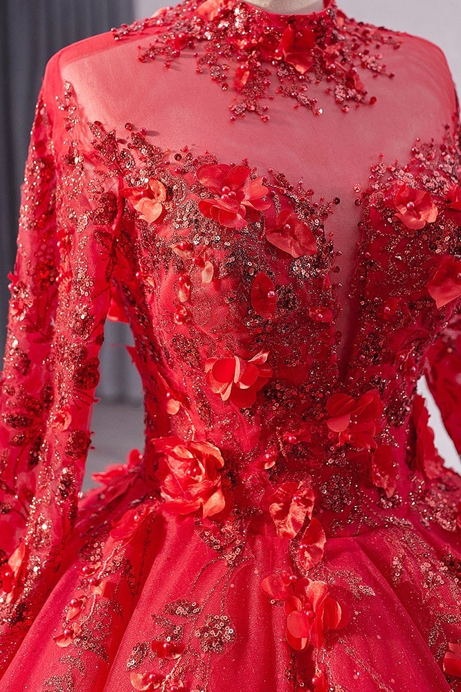 Red High Neck Wedding Dress Long Sleeves Ball Gown Sequin Bridal Dress