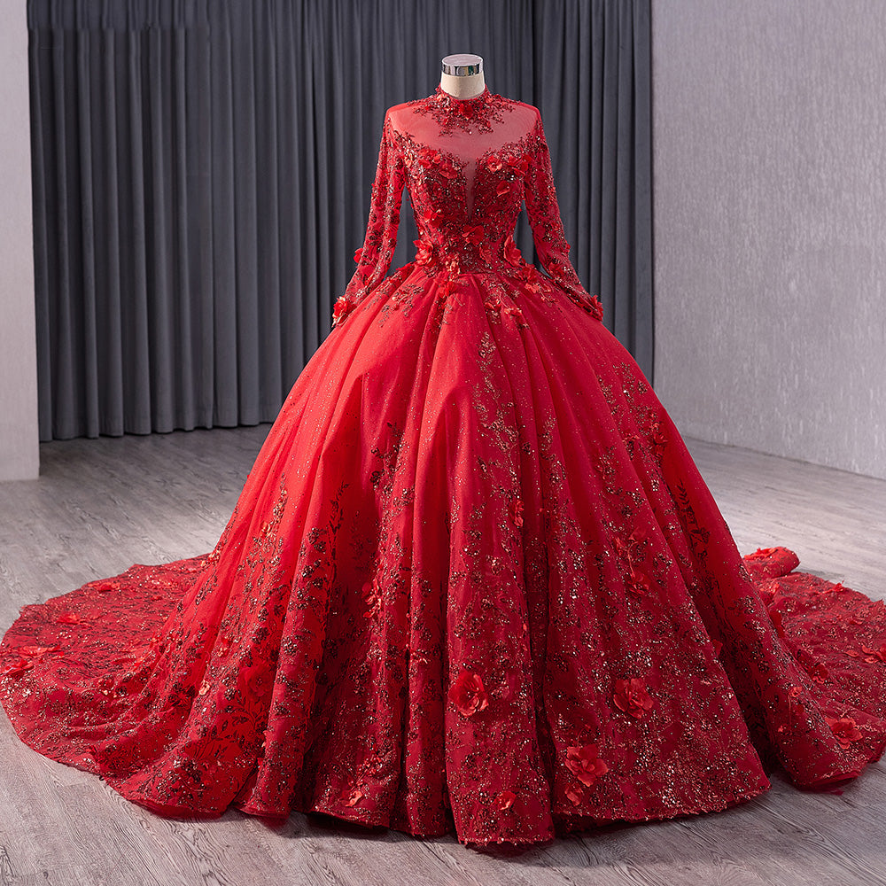 Red High Neck Wedding Dress Long Sleeves Ball Gown Sequin Bridal Dress