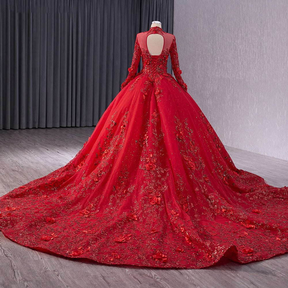 Red High Neck Wedding Dress Long Sleeves Ball Gown Sequin Bridal Dress