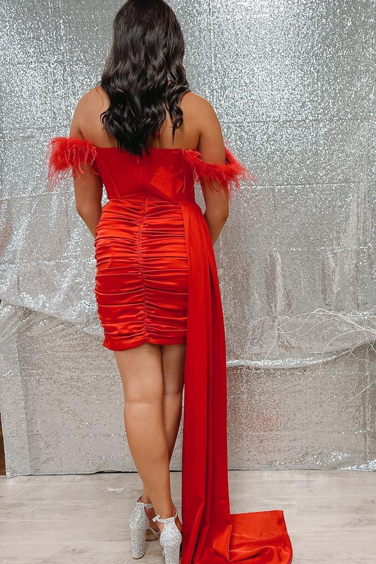 Red Homecoming Dress Halter Ruching with Attached TrainShort Party Cocktail Dress