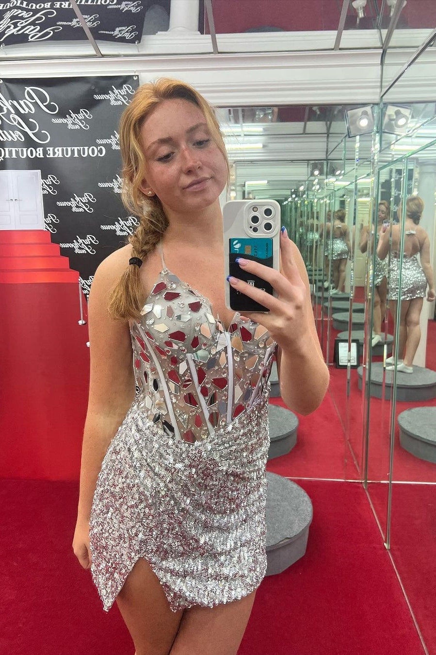 Red Homecoming Dress Mirror Cut Sequin Halter Bodycon V neck Short Party Cocktail Dress