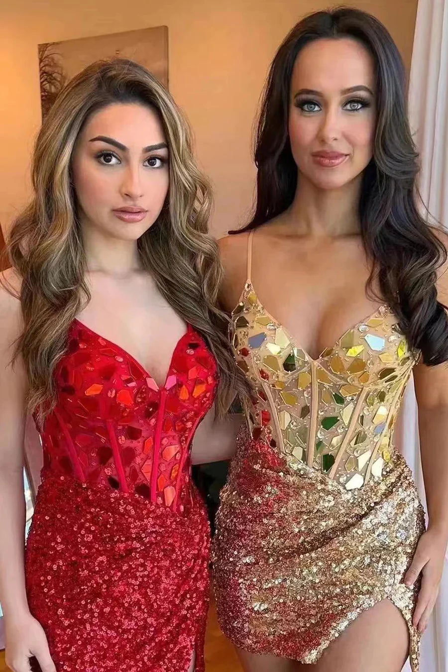 Red Homecoming Dress Mirror Cut Sequin Halter Bodycon V neck Short Party Cocktail Dress