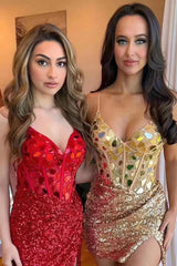 Red Homecoming Dress Mirror Cut Sequin Halter Bodycon V neck Short Party Cocktail Dress