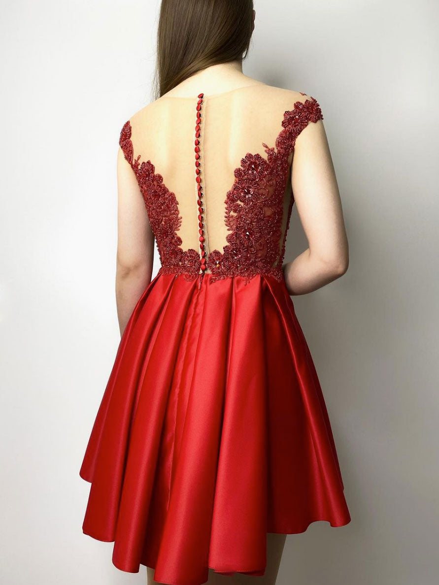 Red Homecoming Dress Round Neck Satin Lace Beaded Short Party Cocktail Dress