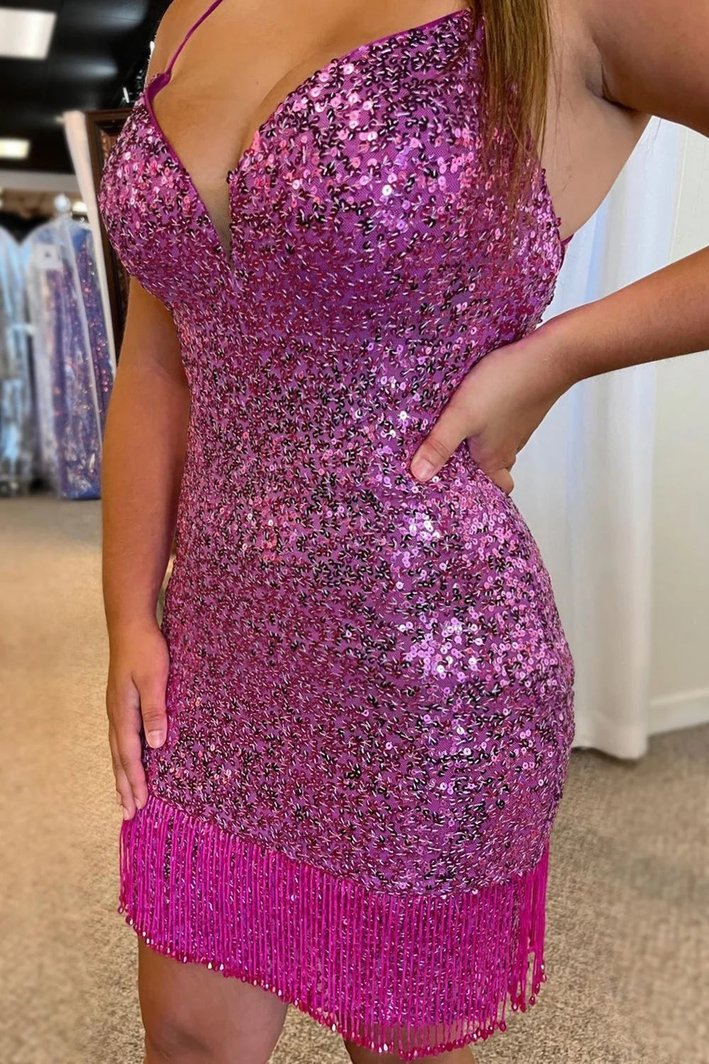 Red Homecoming Dress Sequin Bodycon Fitting with FringesShort Party Cocktail Dress