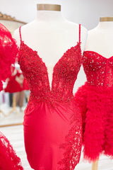 Red Homecoming Dress Spaghetti Straps Bodycon Short Prom Dress with Slit